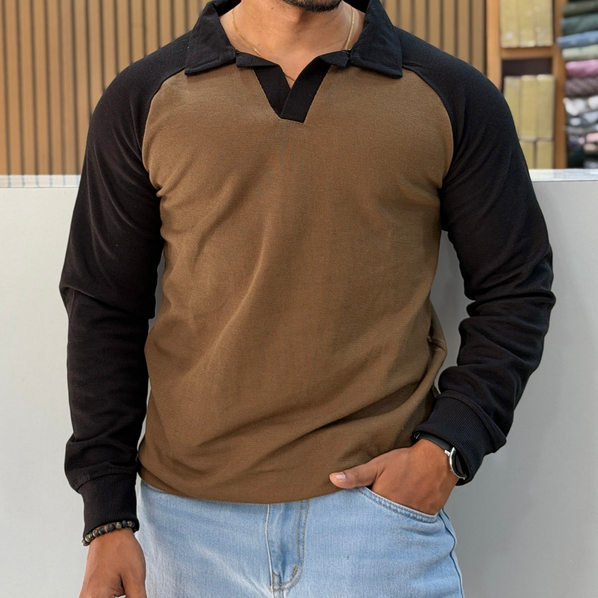 Contrast Collar Polo T-Shirt - Olive