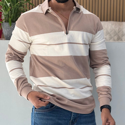 Striped Polo Collar Cotton T-shirt