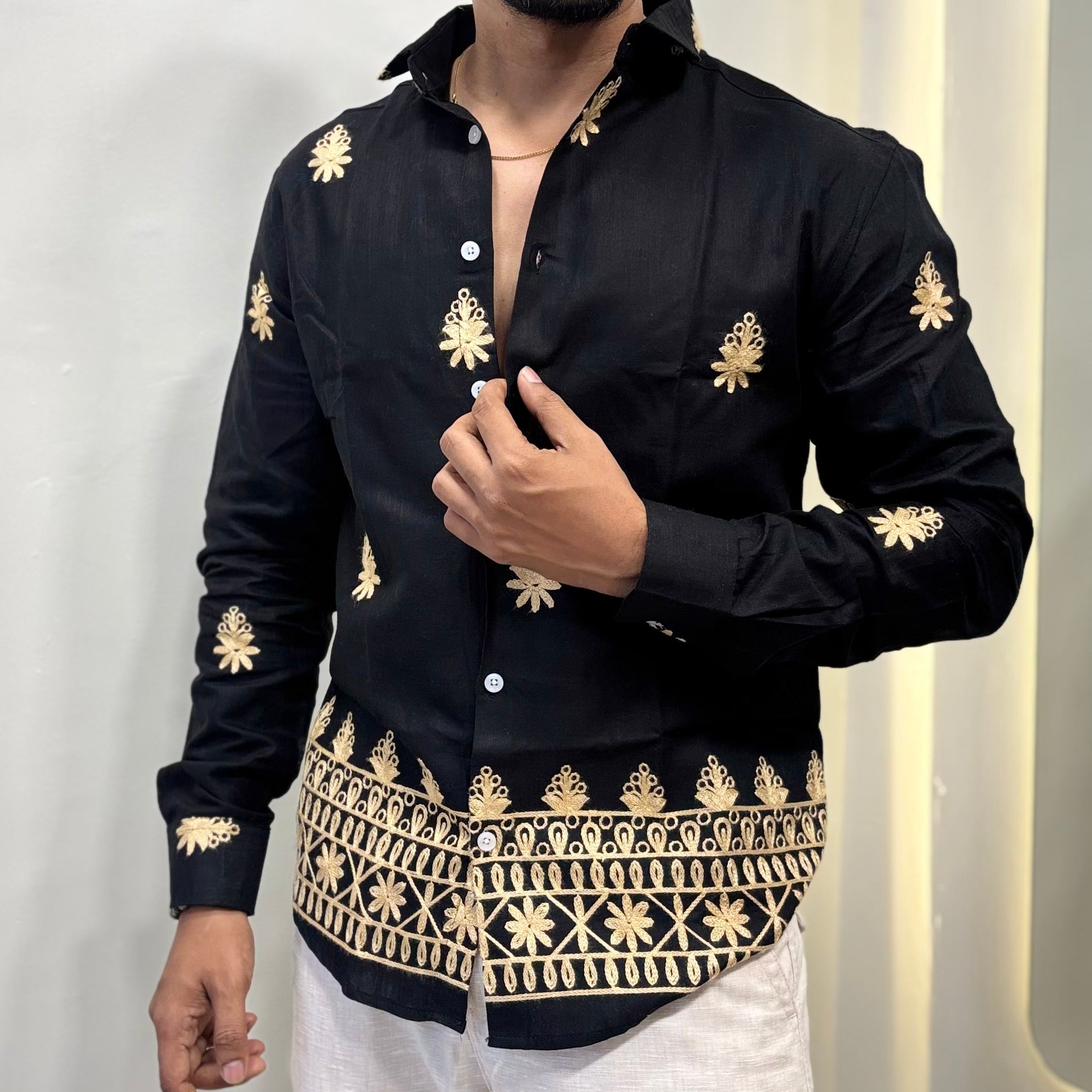 Linen Embroidery Shirt Black