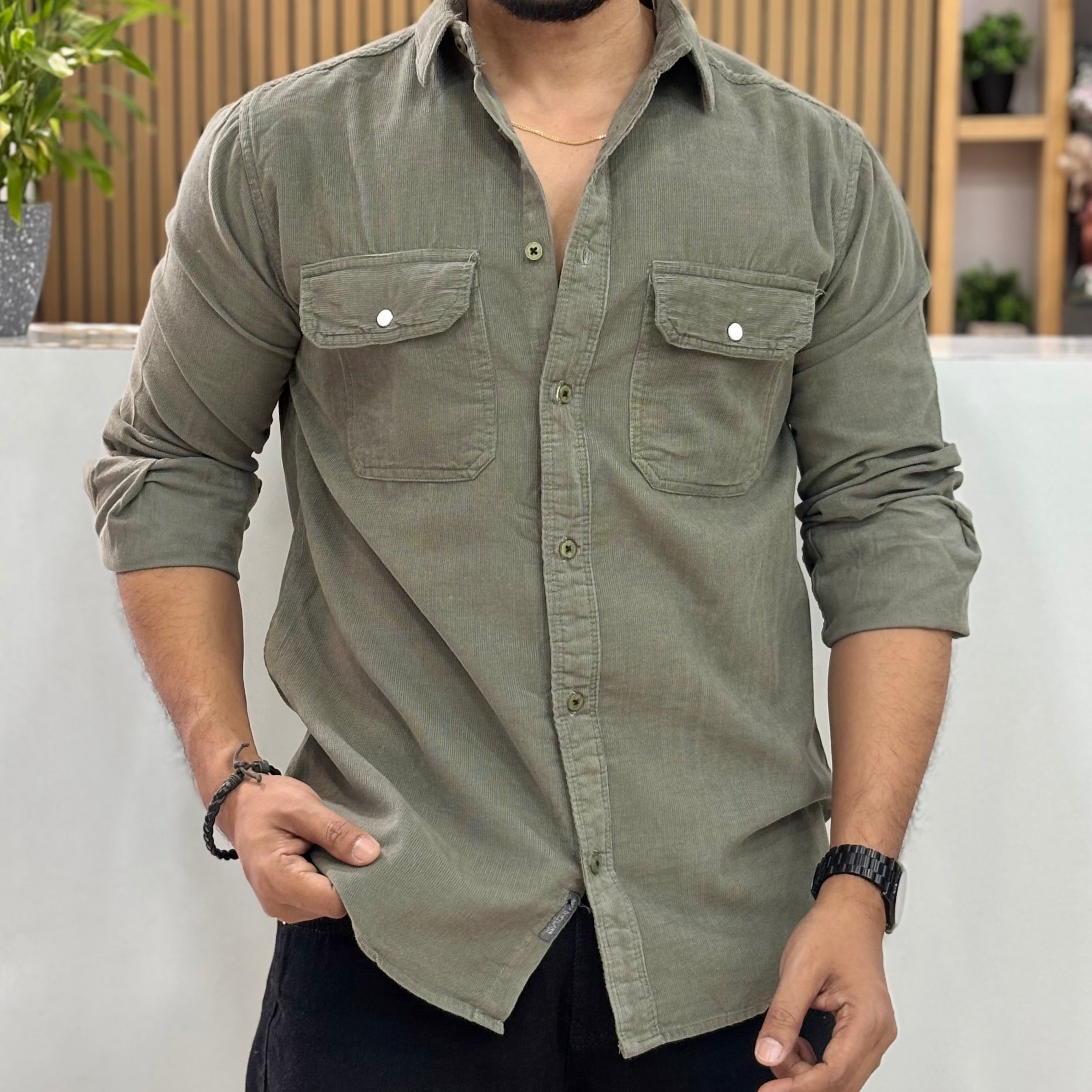 Corduroy Shirt Charcoal Olive