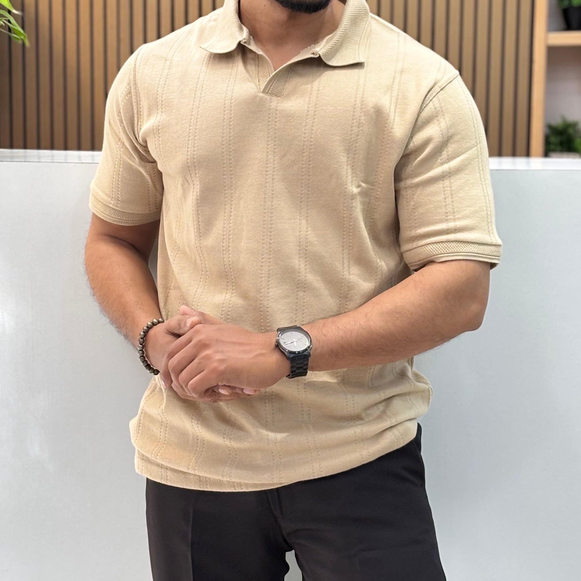 Premium Textured Polo T-Shirt - Beige