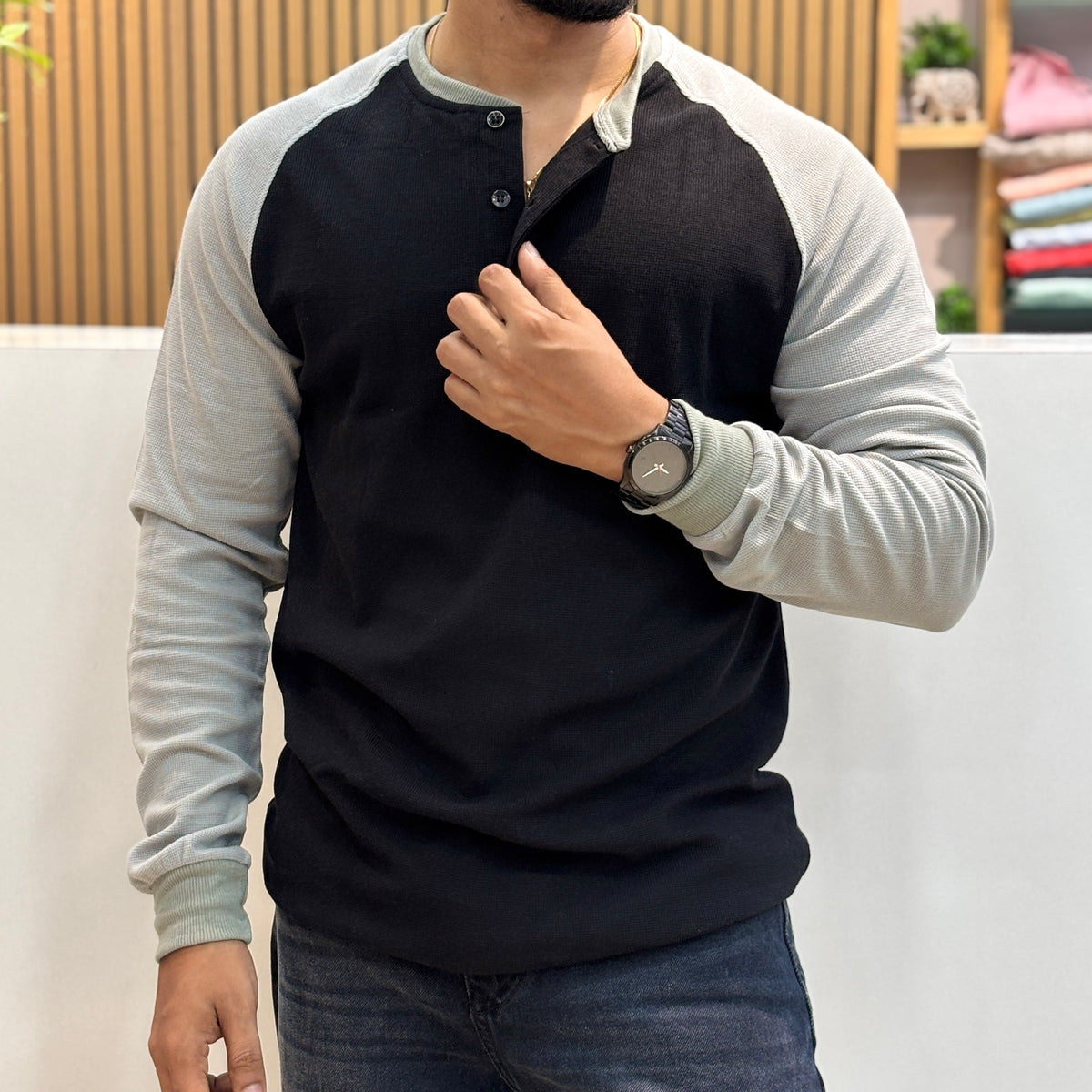 Raglan Ribbed Henley T-Shirt - Black & Grey