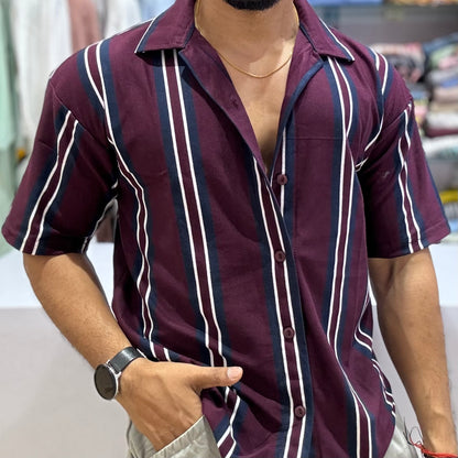 Striped Maroon Half Sleeve Shirt