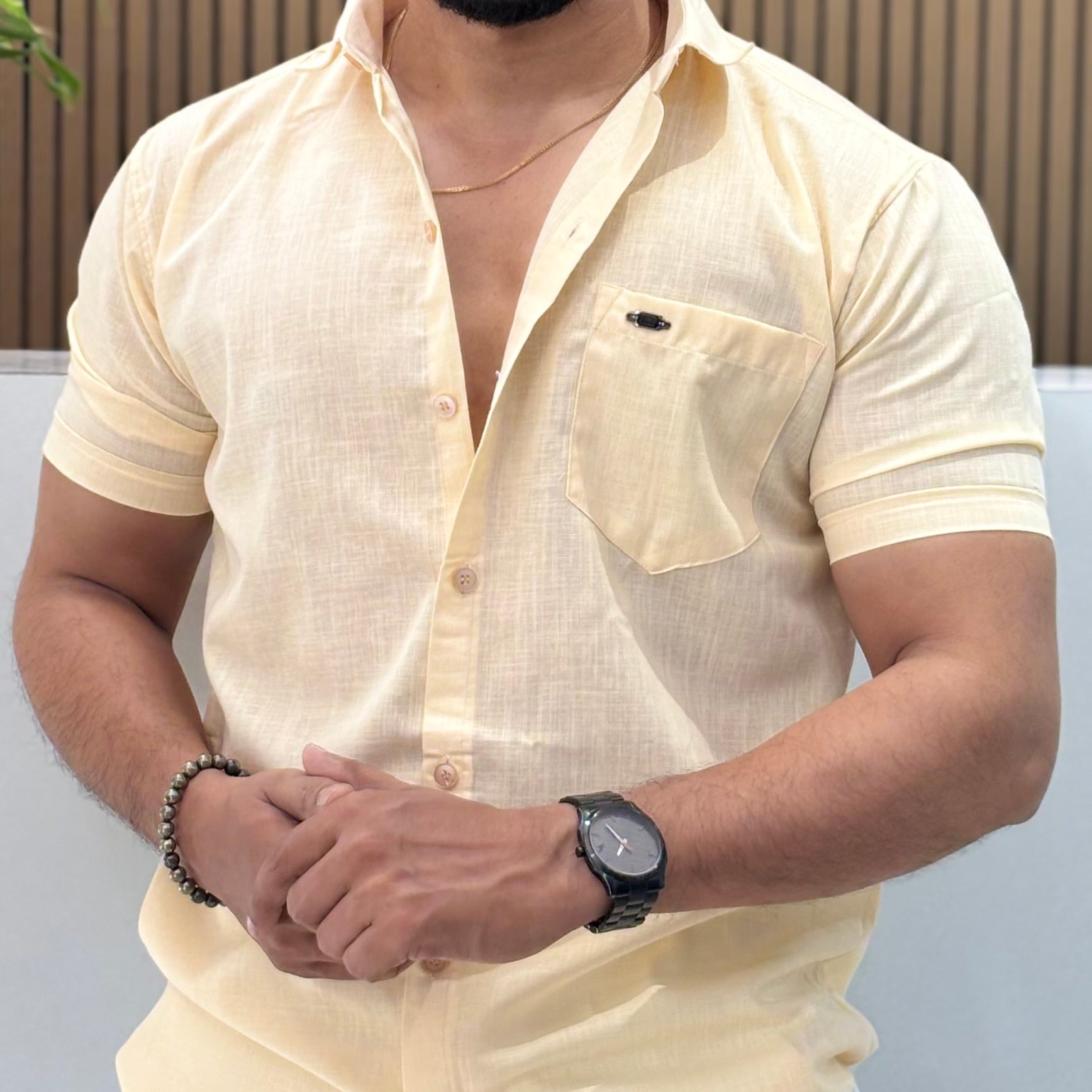 Half Sleeve Linen Blend Shirt Lemon