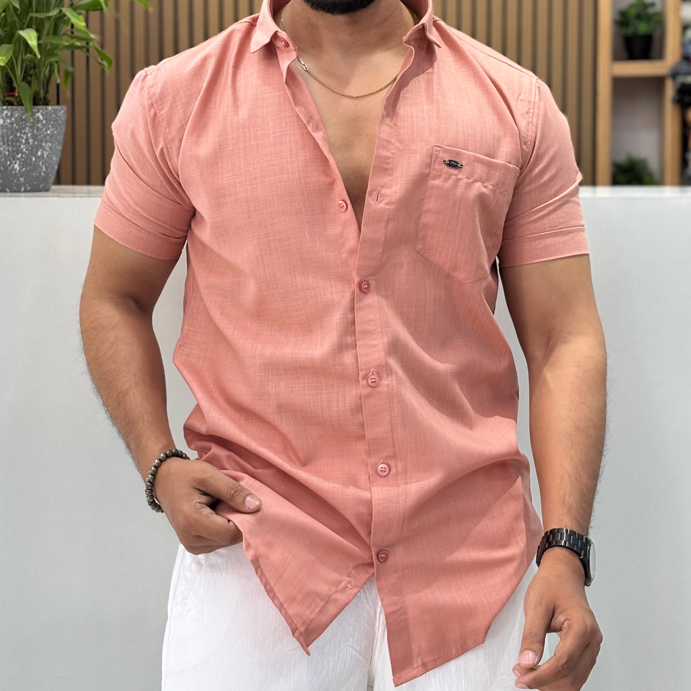 Half Sleeve Linen Blend Shirt Peach Pink