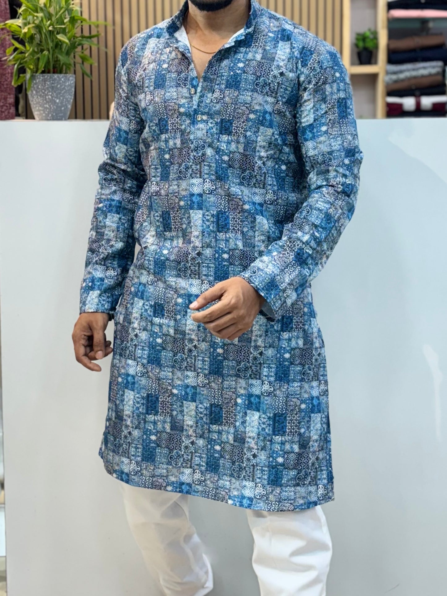 Printed Crochet Kurta Blue