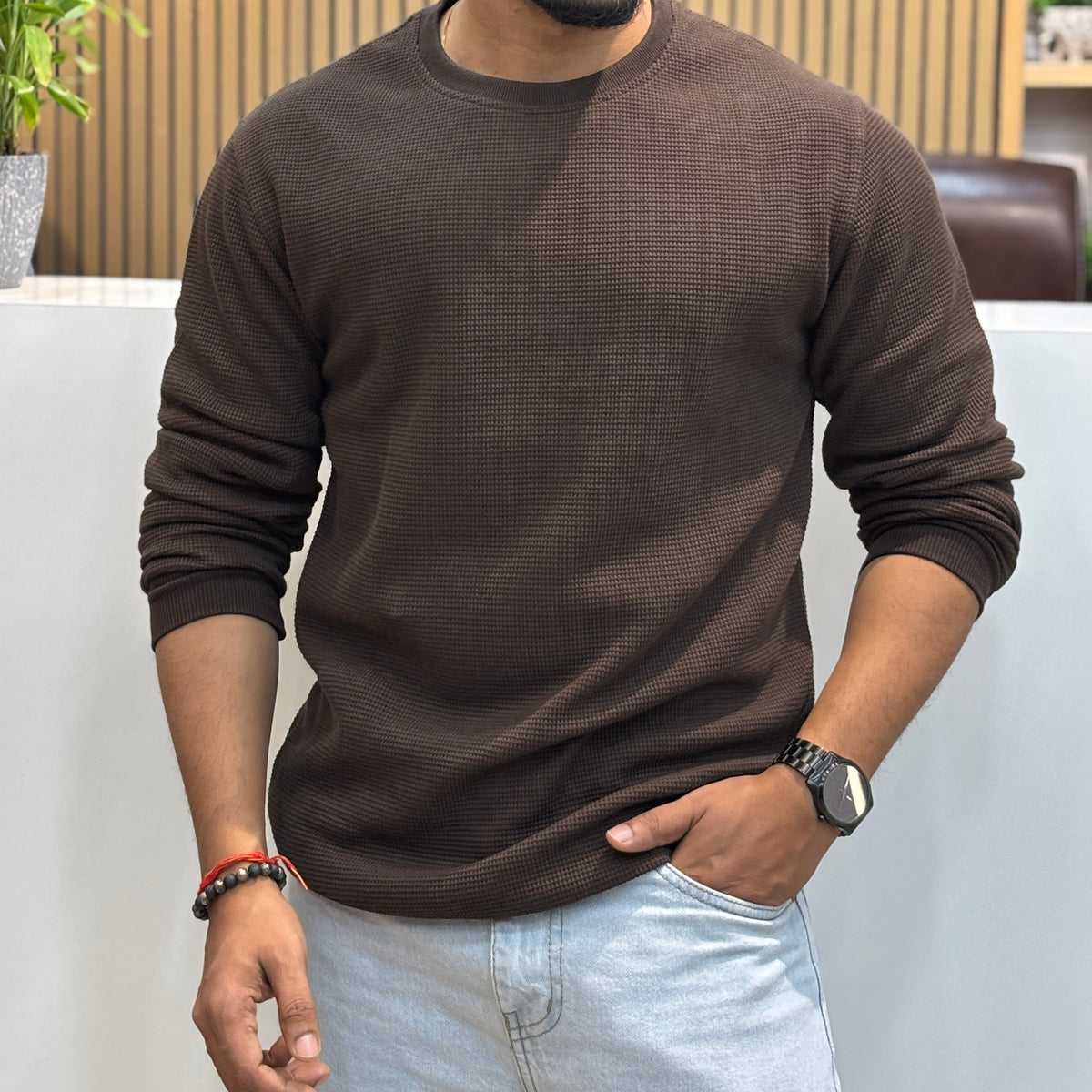 Waffle Full-Sleeve Crew Neck T-Shirt