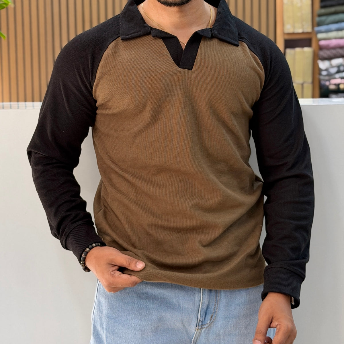 Contrast Collar Polo T-Shirt - Olive