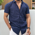 Half Sleeve Linen Blend Shirt Blue