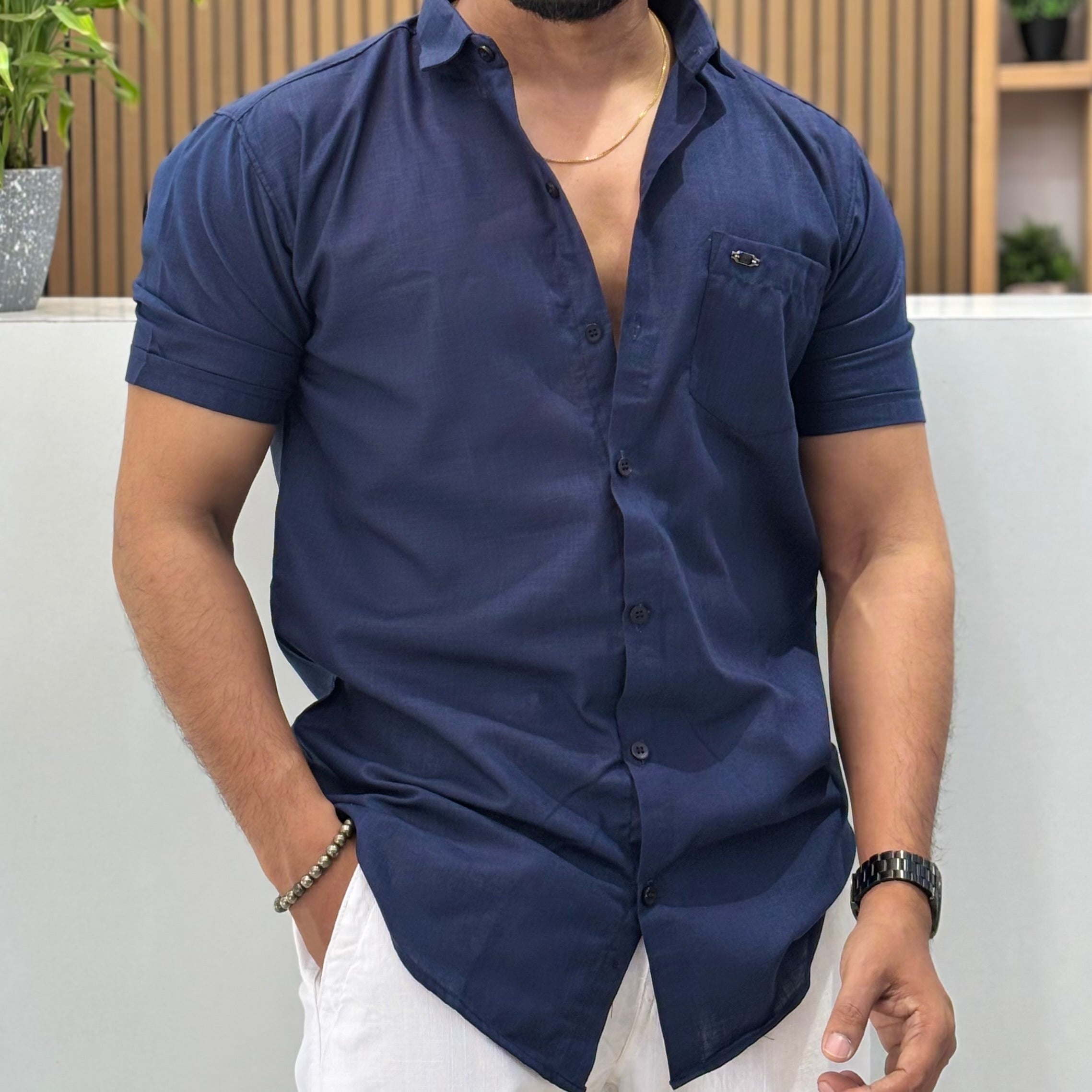 Half Sleeve Linen Blend Shirt Blue