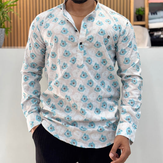 Digital Floral Print Short Kurta Blue