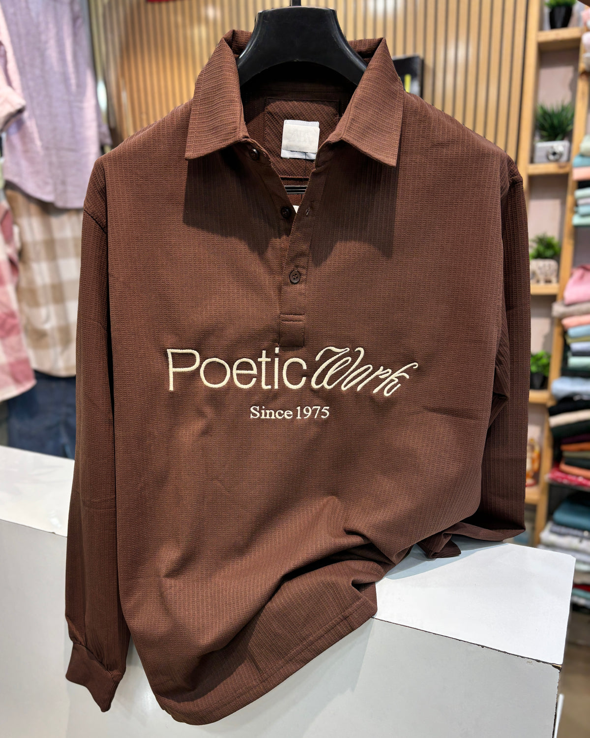 Embroidered Waffle Boxy Fit Polo - Brown