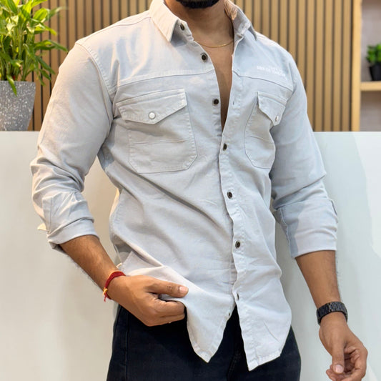 Grey Double Pocket Back Print Shirt