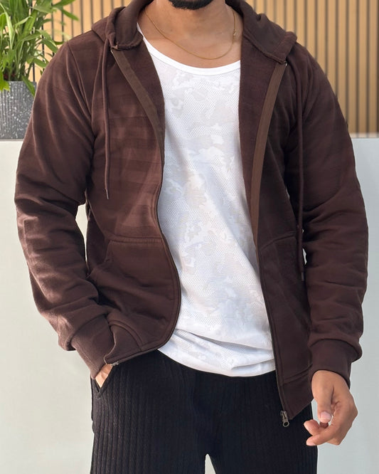 Brown Zip Detail Hooded Front-Open Sweatshirt