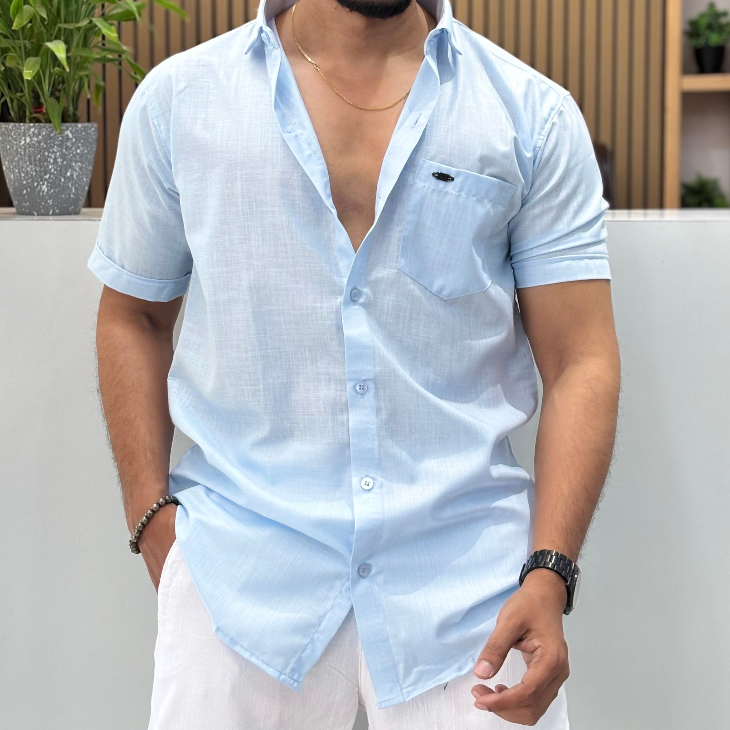 Half Sleeve Linen Blend Shirt Sky Blue