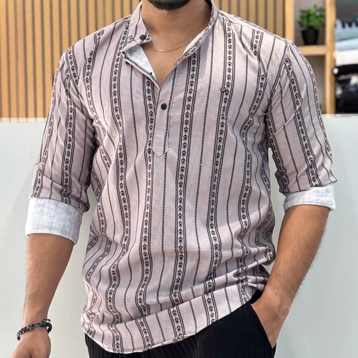 Digital Print Grey Stripe Short Kurta