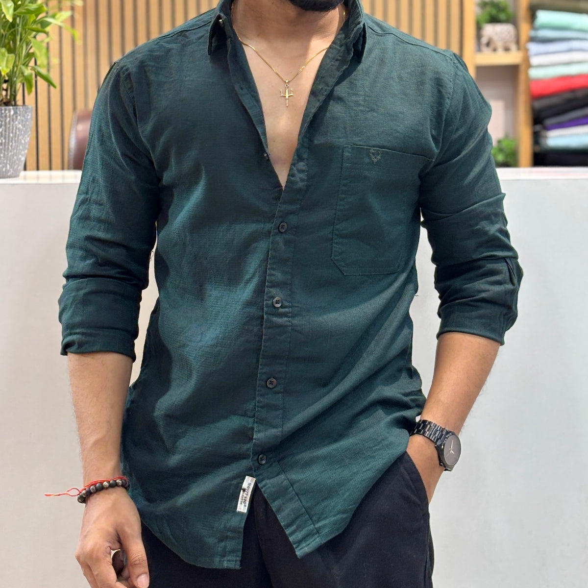Premium Textured Cotton Shirt – Bottle Green