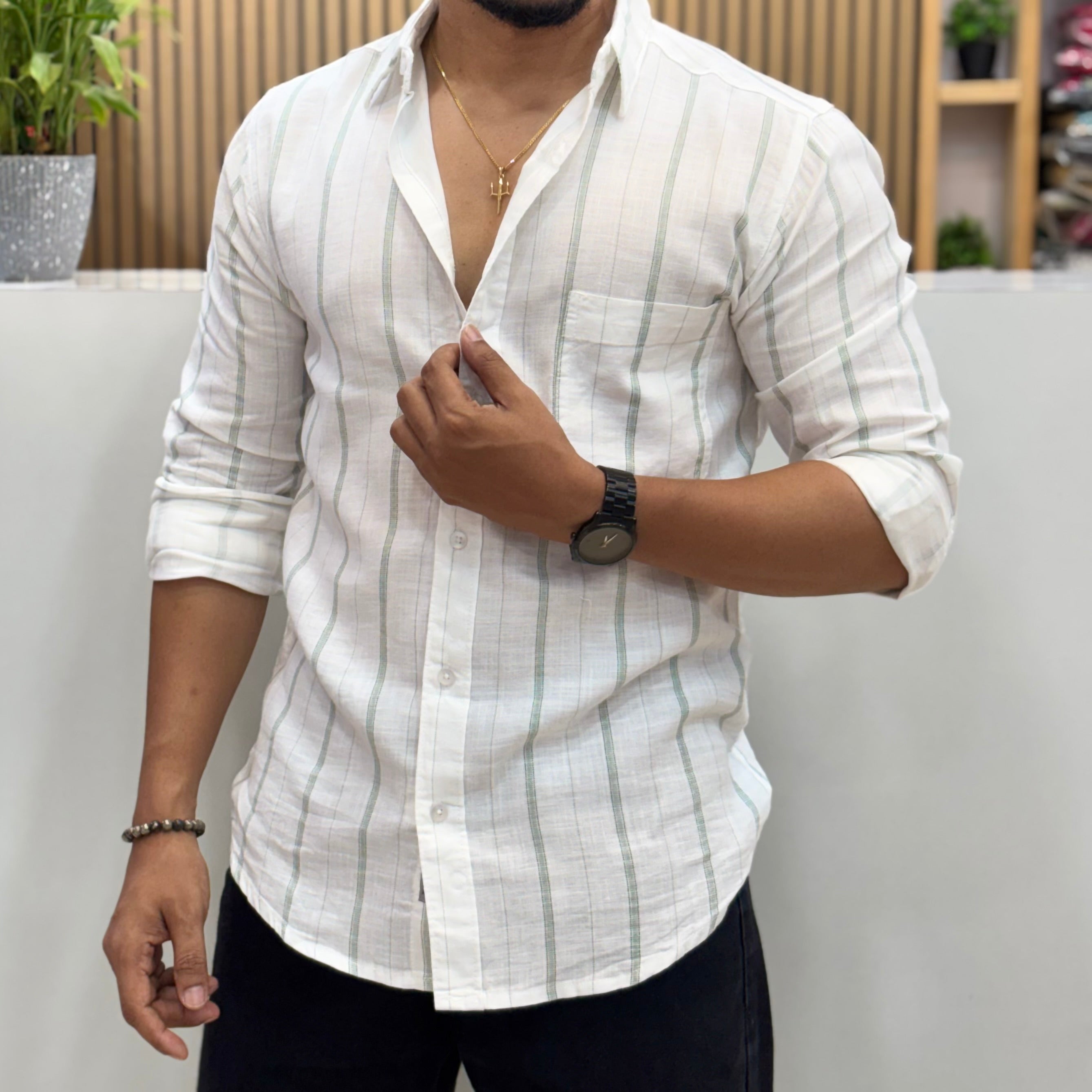 Vertical Stripe Cotton Linen Shirt