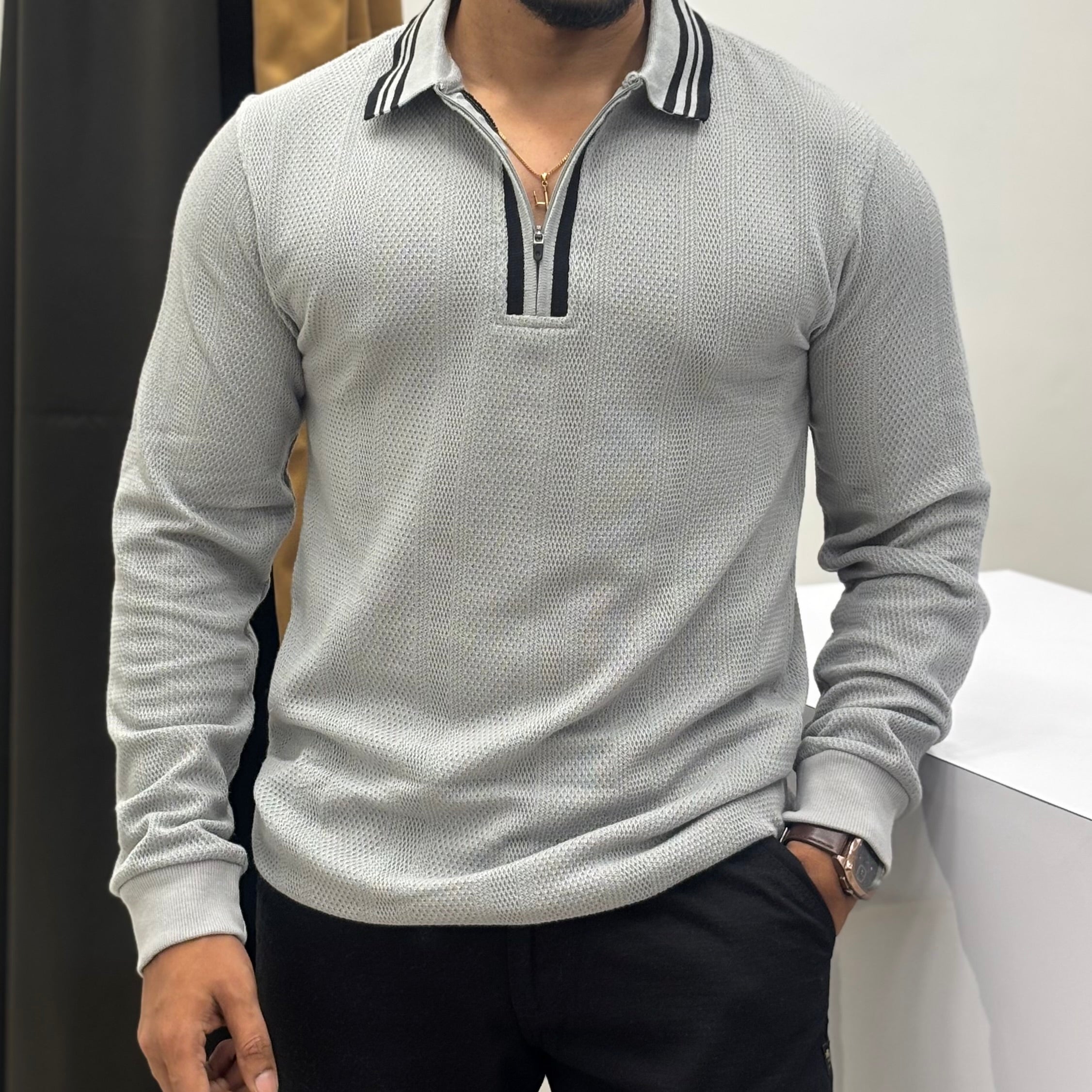 Premium Textured Long Sleeve Polo T-Shirt