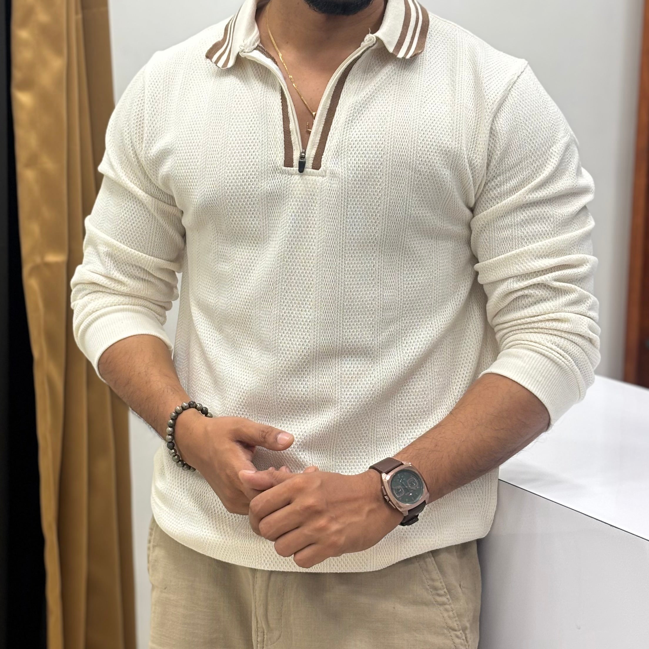 Premium Textured Long Sleeve Polo T-Shirt
