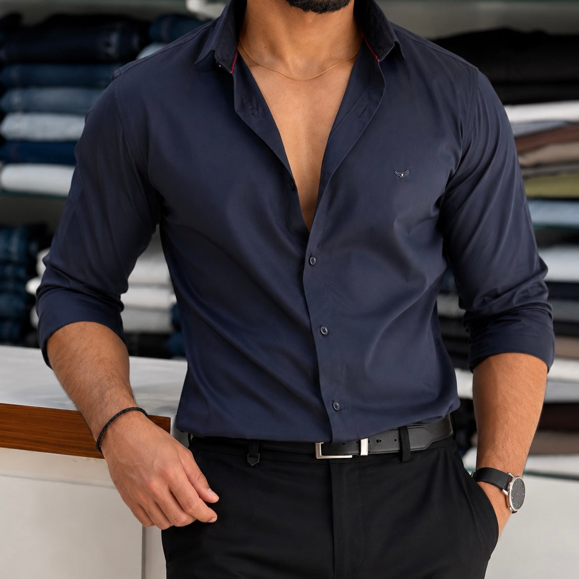 Premium Satin Solid Shirt - Midnight Navy