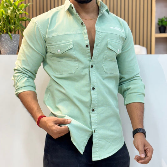 Sage Double Pocket Back Print Shirt