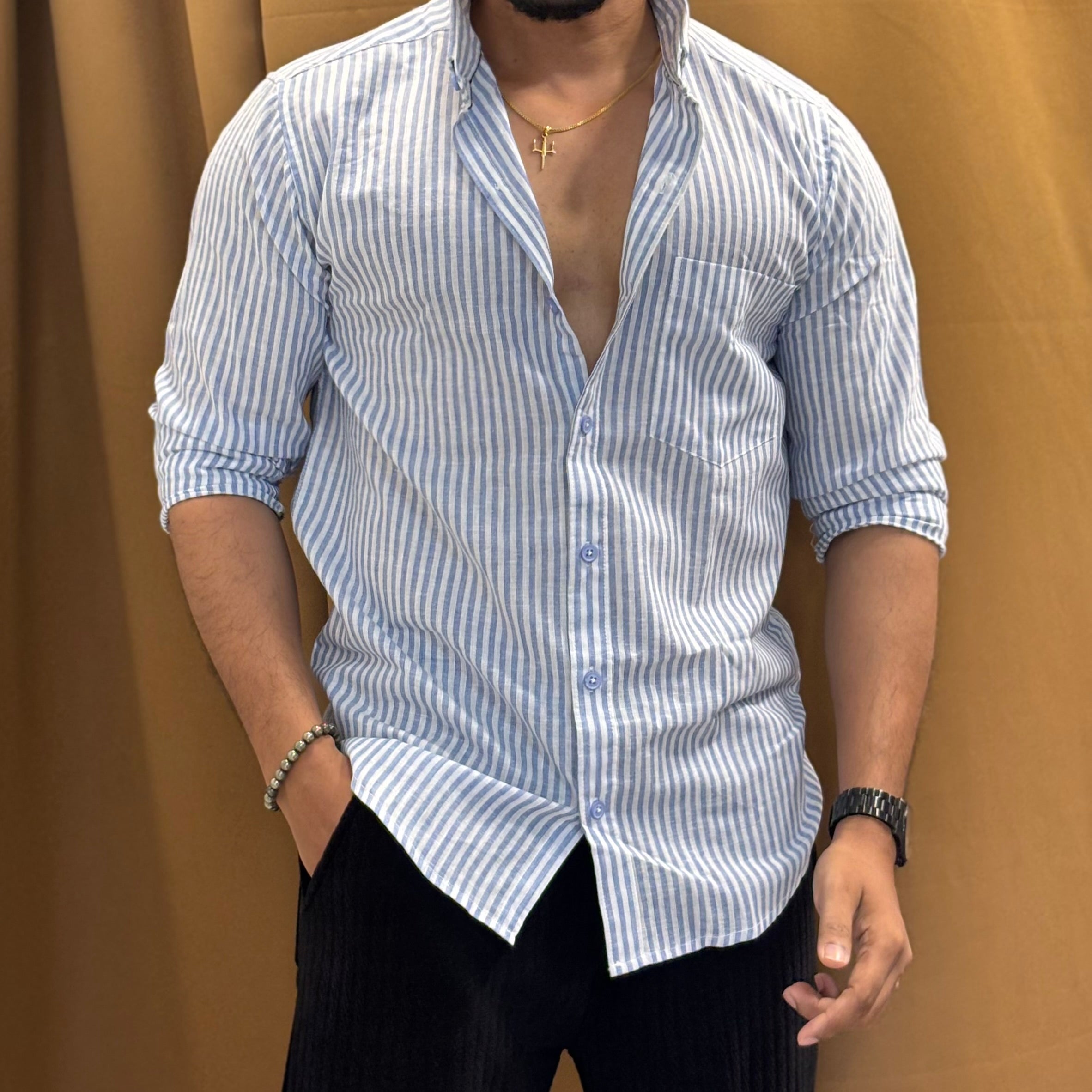 Premium Pure Linen Vertical Stripe Shirt for Men