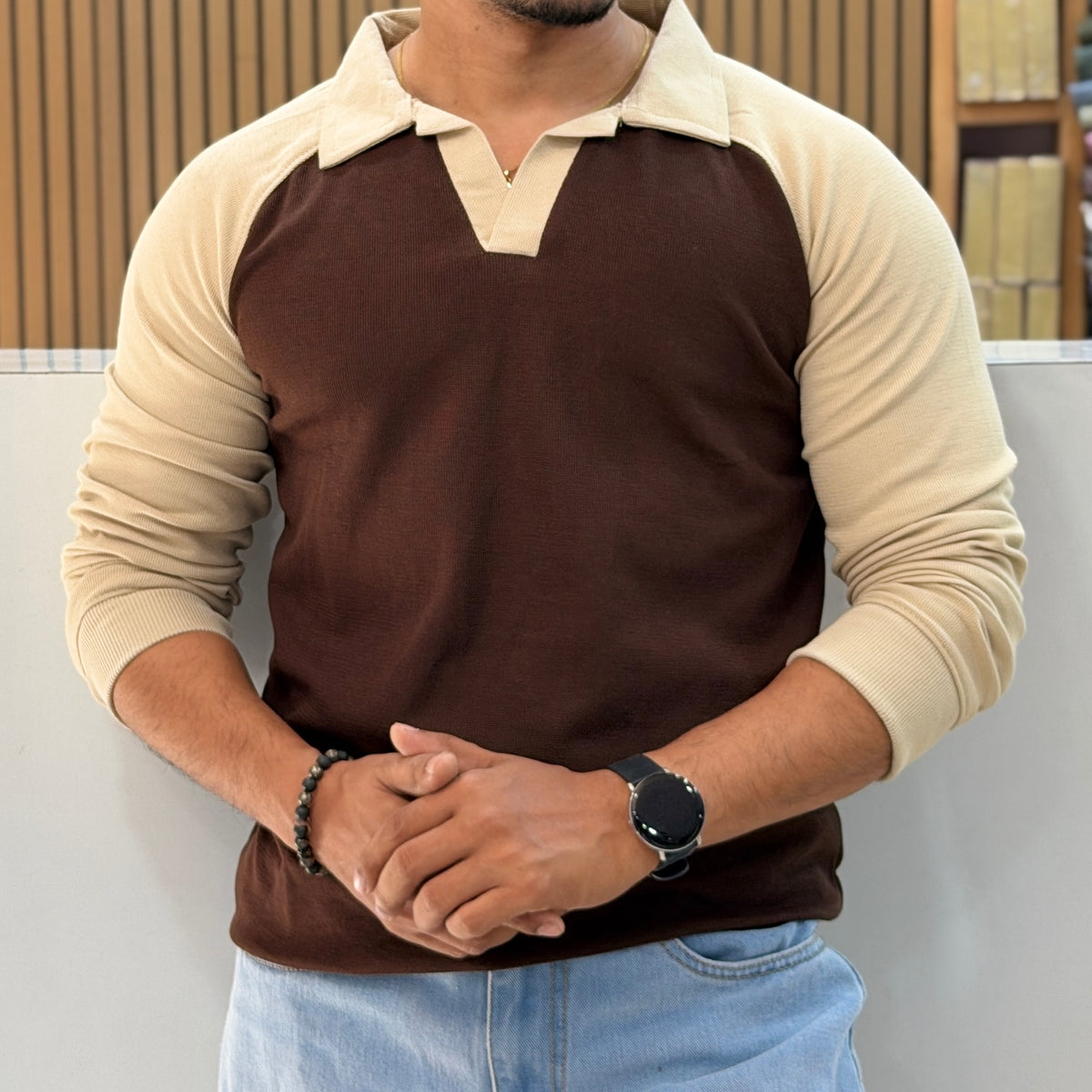 Contrast Collar Polo T-Shirt - Brown