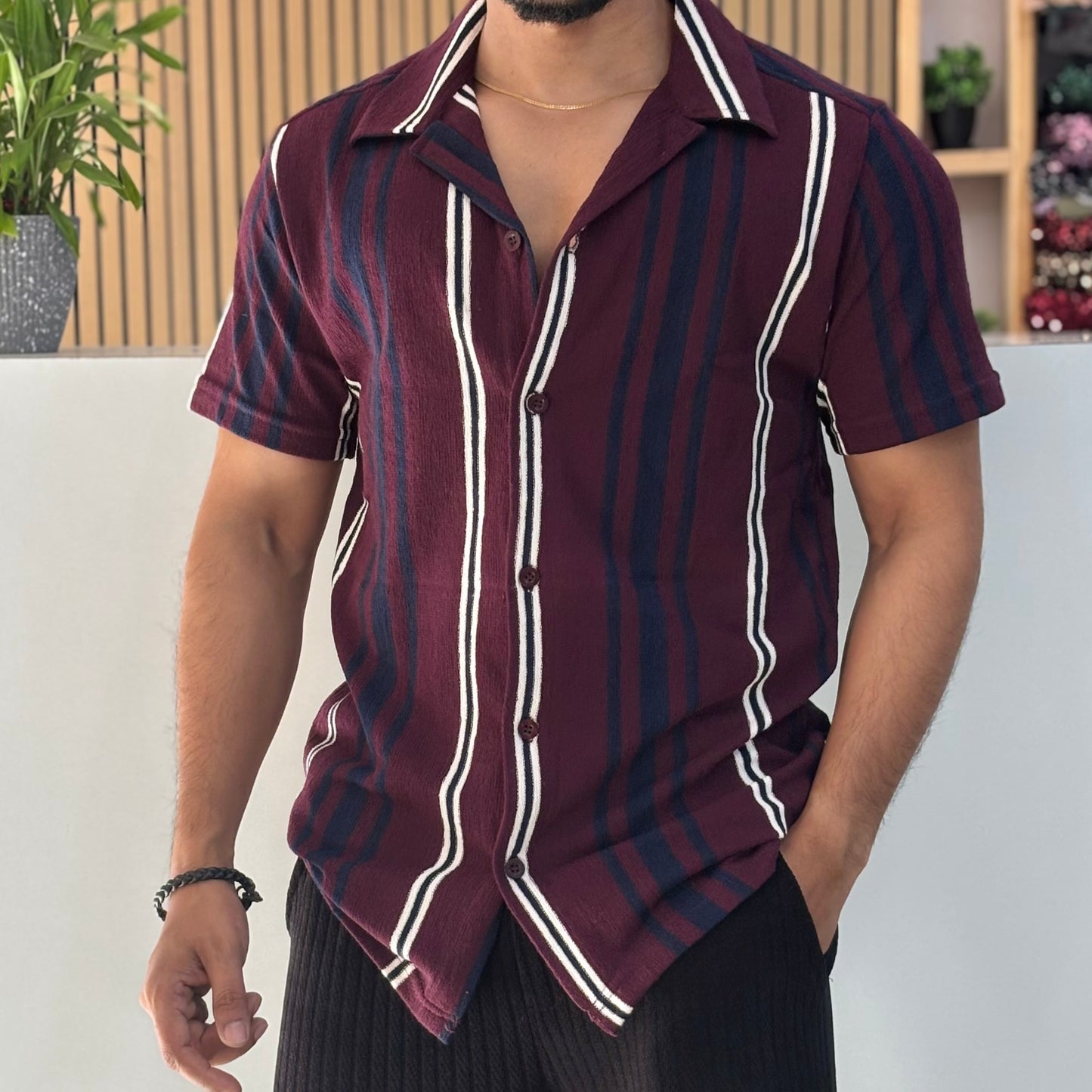 Maroon & Blue Striped Cuban Collar Half Sleeve Shirt