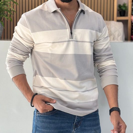 Striped Polo Collar Cotton T-shirt Grey