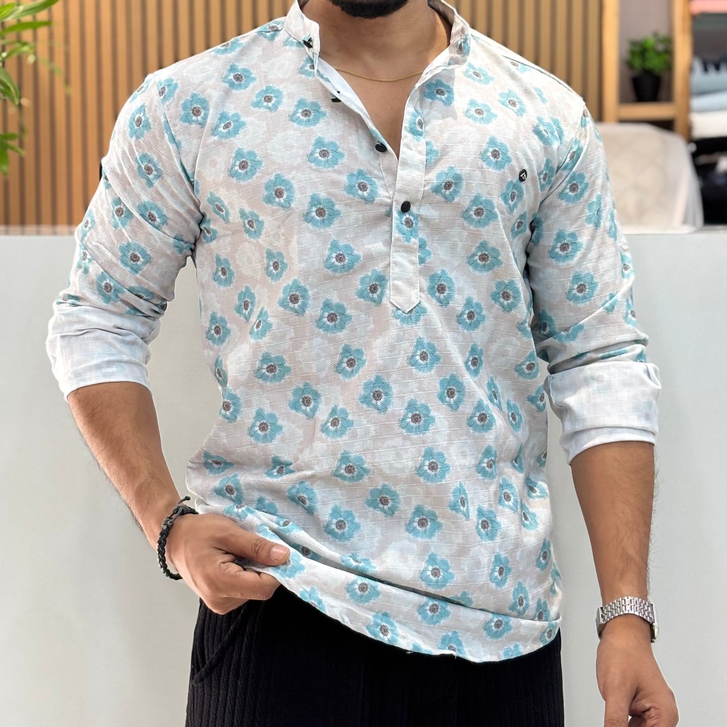 Digital Floral Print Short Kurta Blue