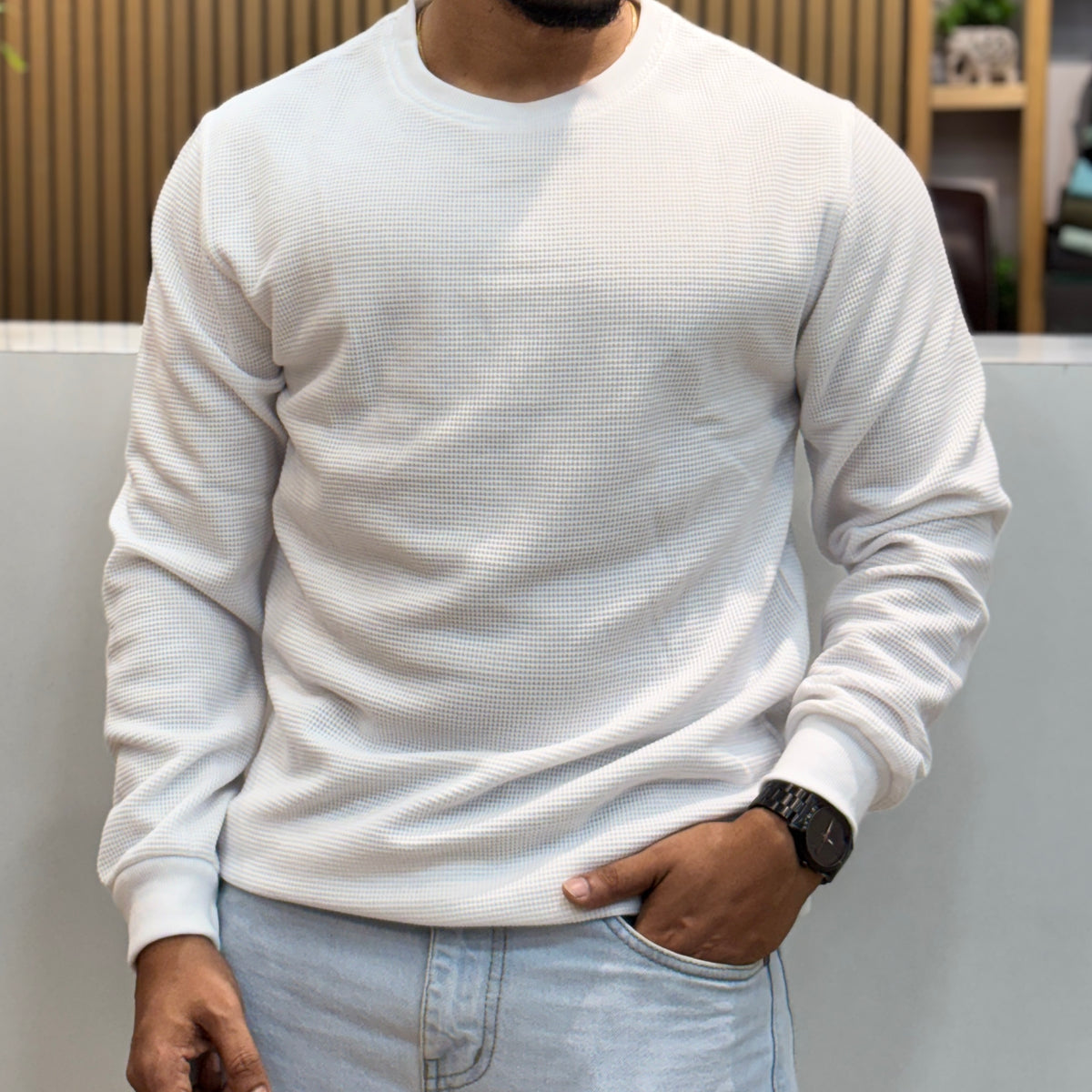 Waffle Full-Sleeve Crew Neck T-Shirt