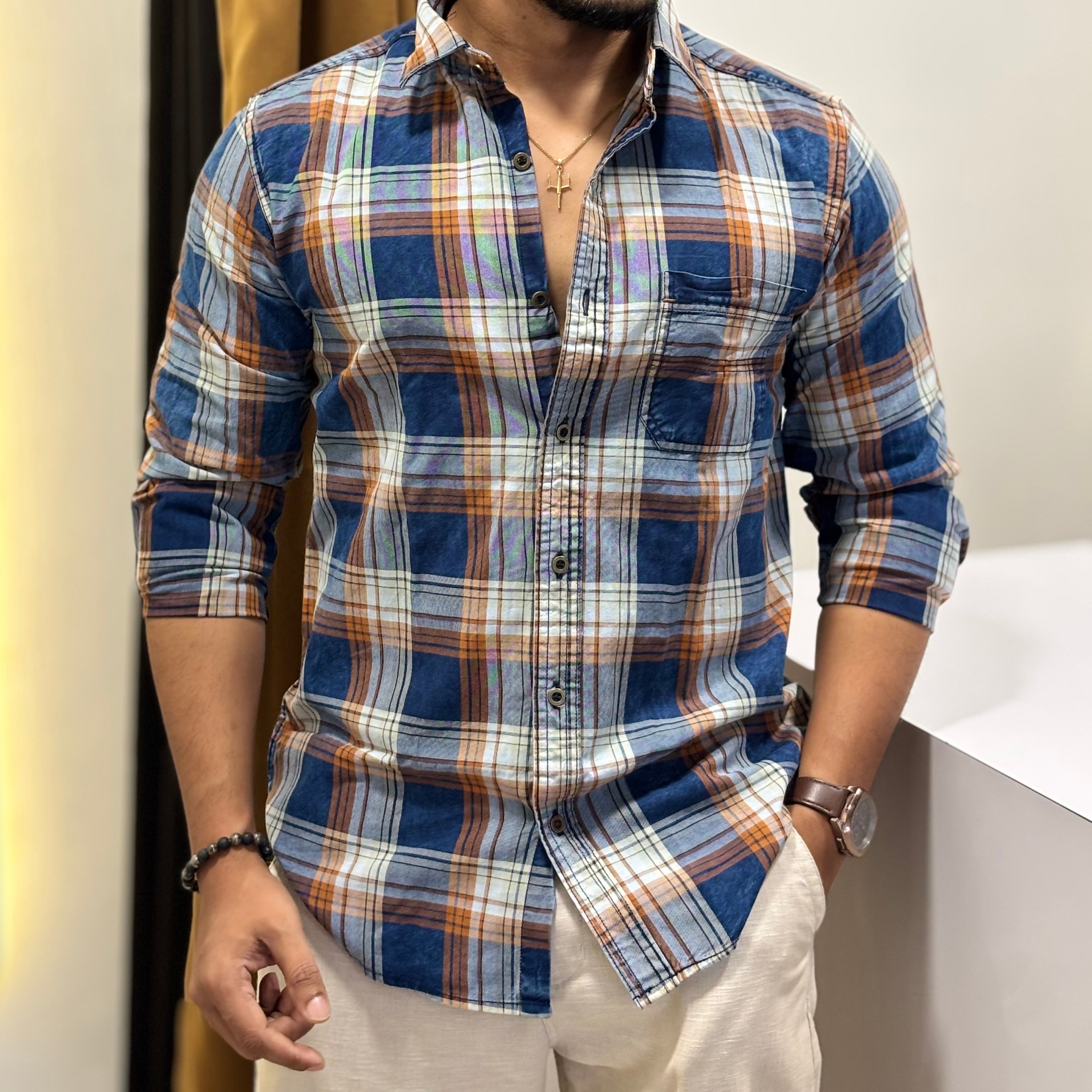 Indigo Plaid Casual Shirt Orange