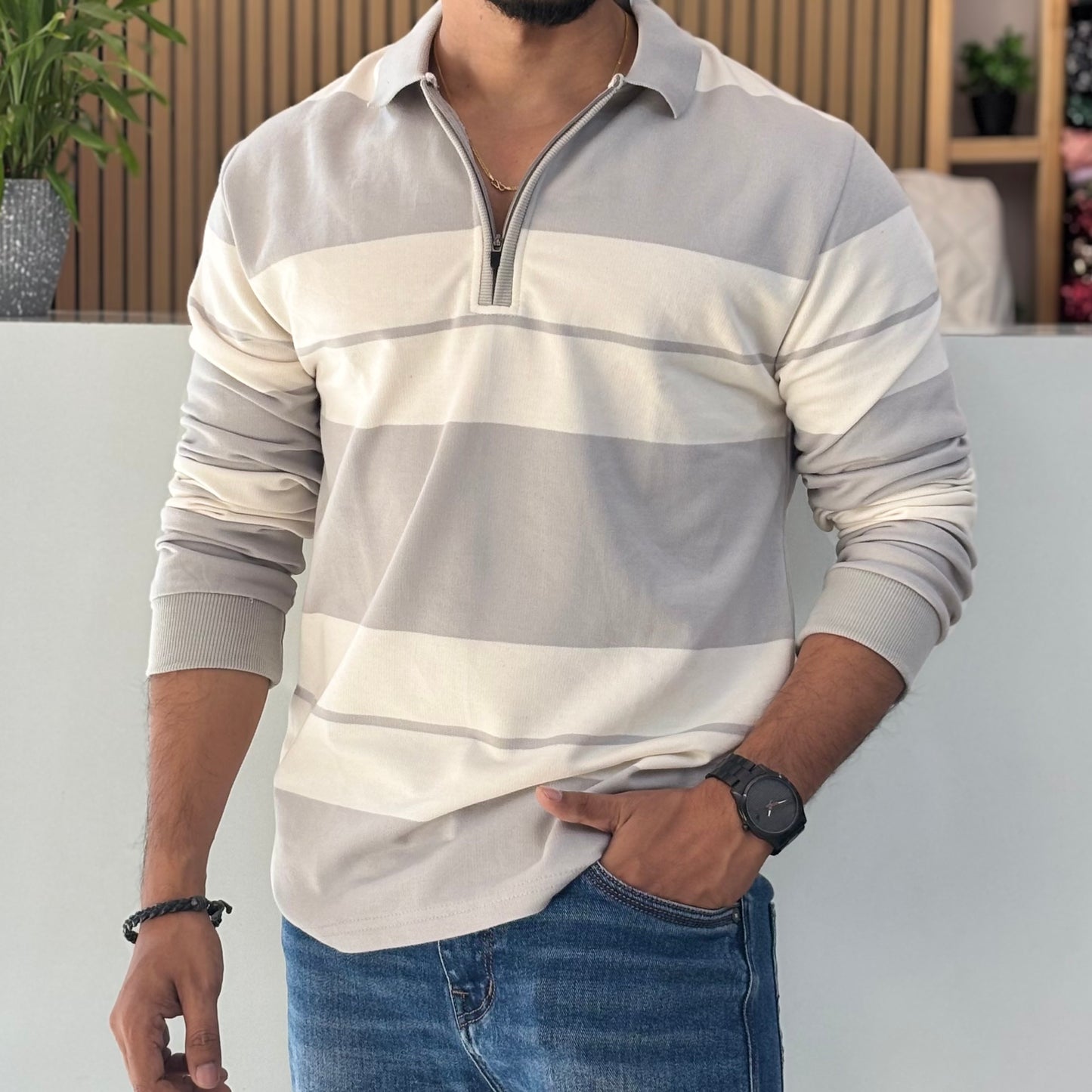 Striped Polo Collar Cotton T-shirt Grey