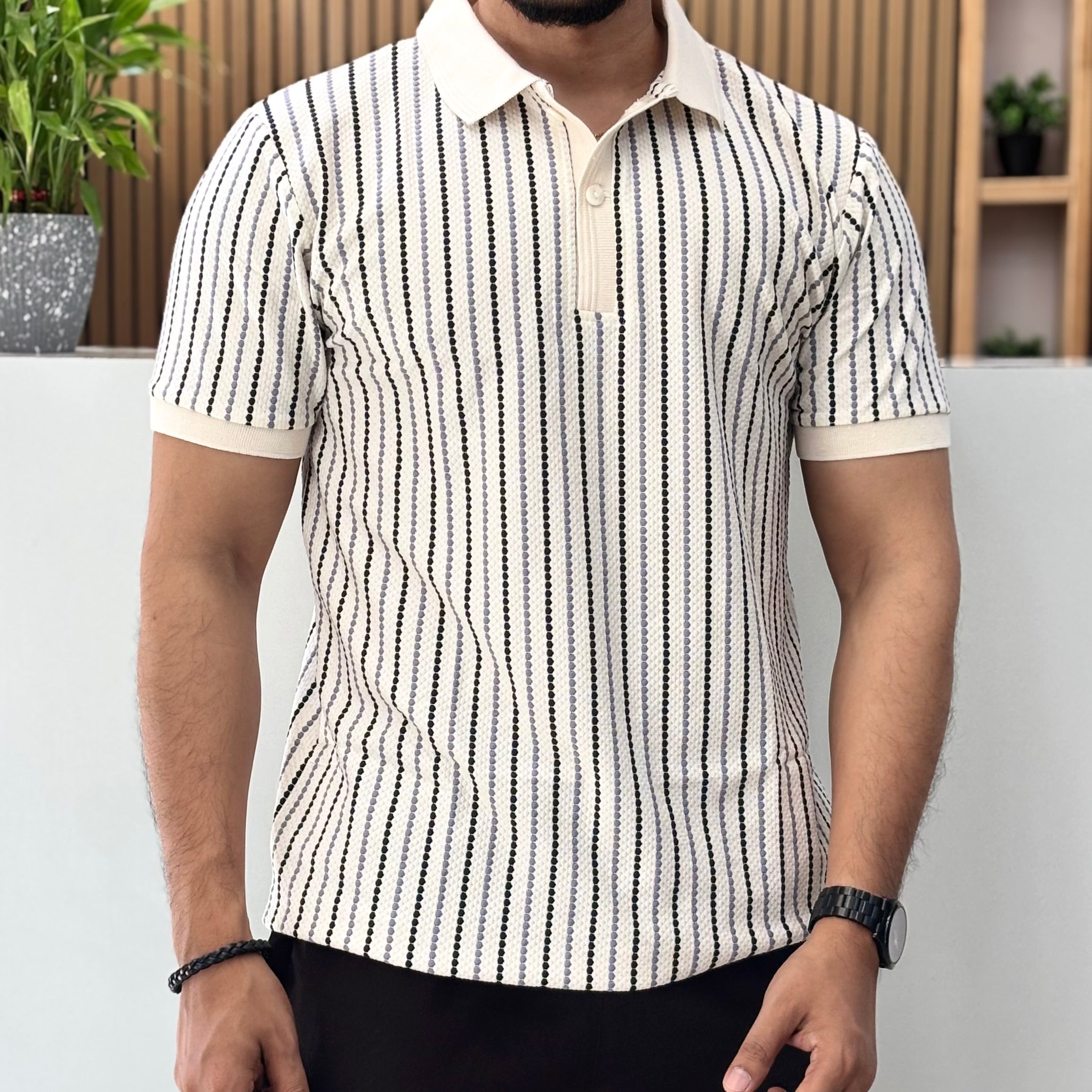 Textured Stripe Polo T-Shirt Grey & Black