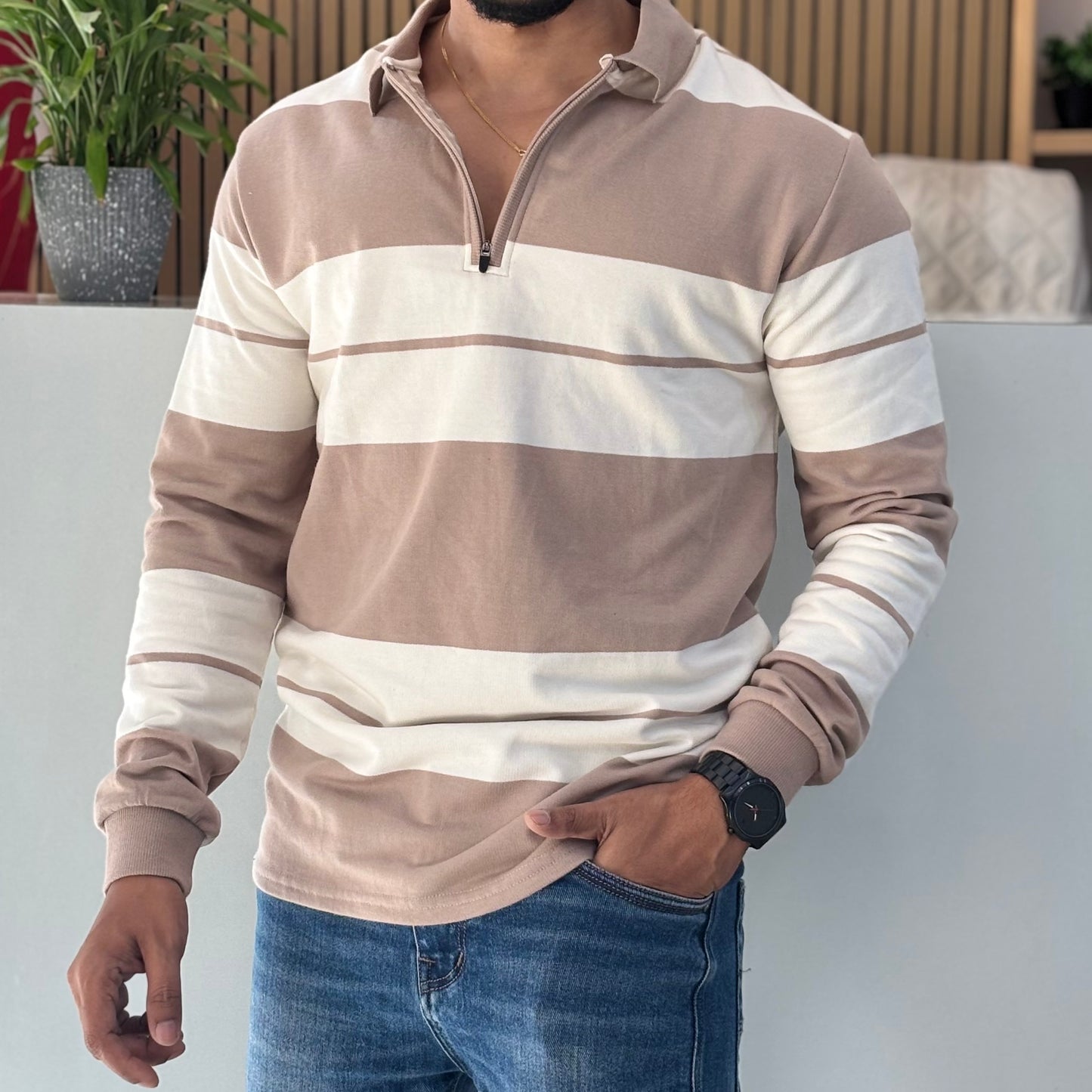 Striped Polo Collar Cotton T-shirt