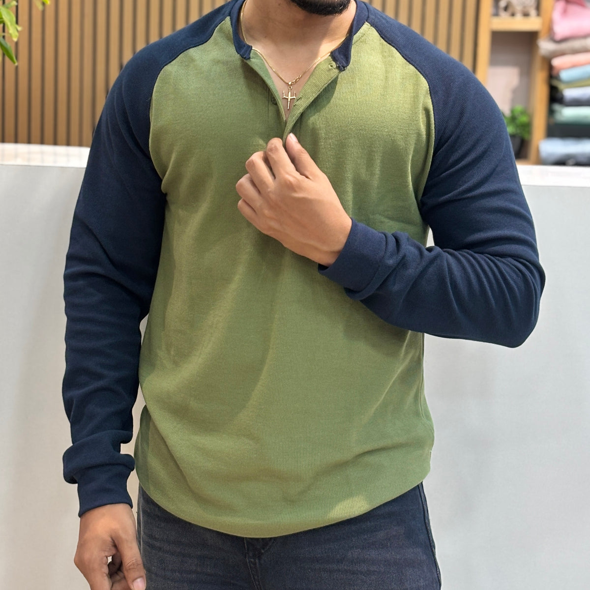 Raglan Ribbed Henley T-Shirt - Olive Green