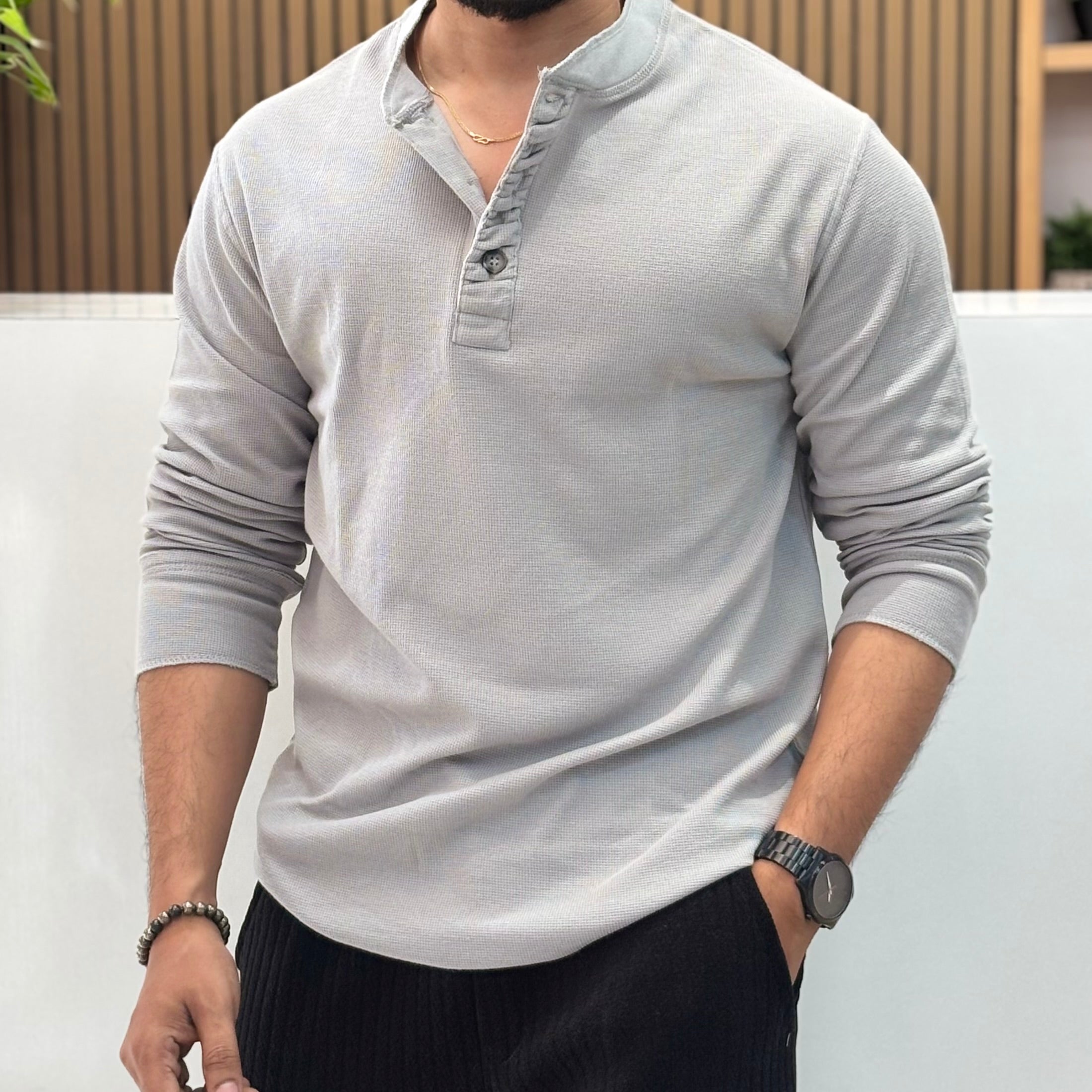 Henley Neck Regular Fit Pure Cotton T-shirt - Grey