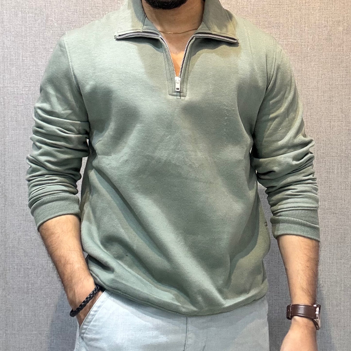 Polo Zipper Full Sleeve Sage Green Sweatshirt