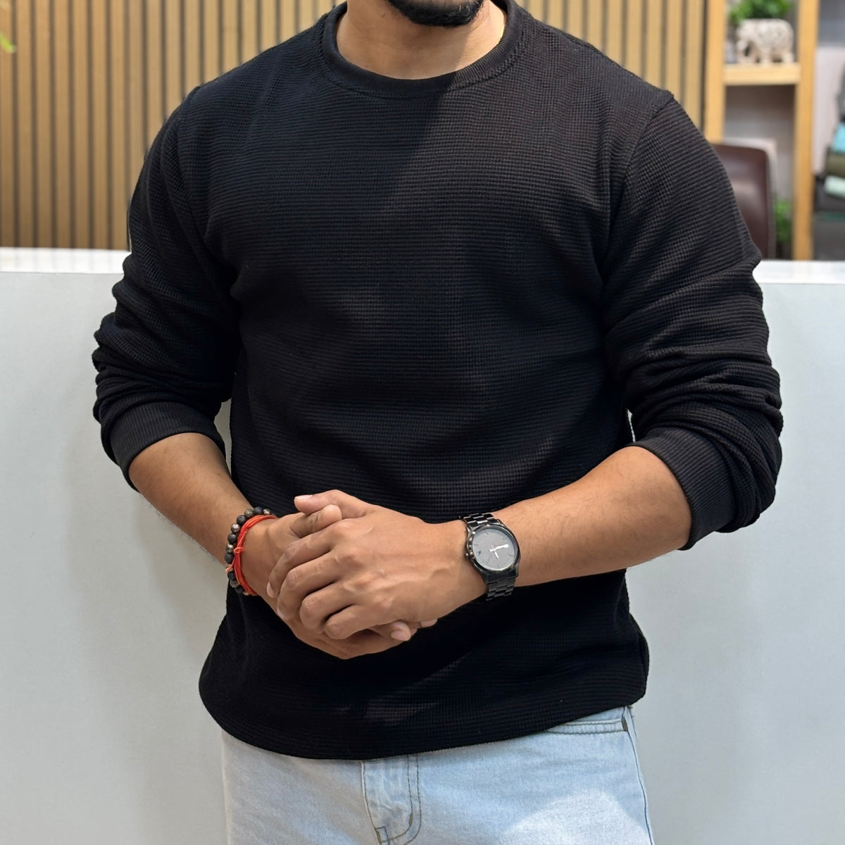 Waffle Full-Sleeve Crew Neck T-Shirt