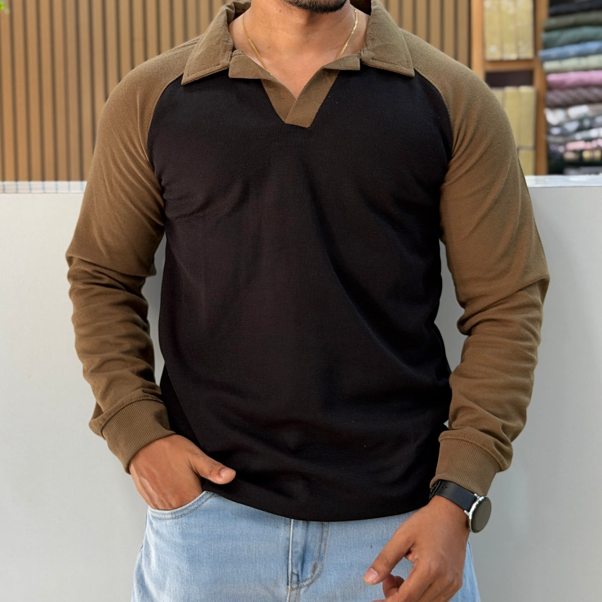 Contrast Collar Polo T-Shirt - Black