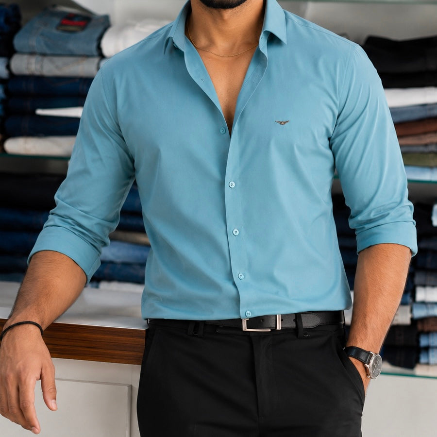 Premium Satin Solid Shirt - Aqua