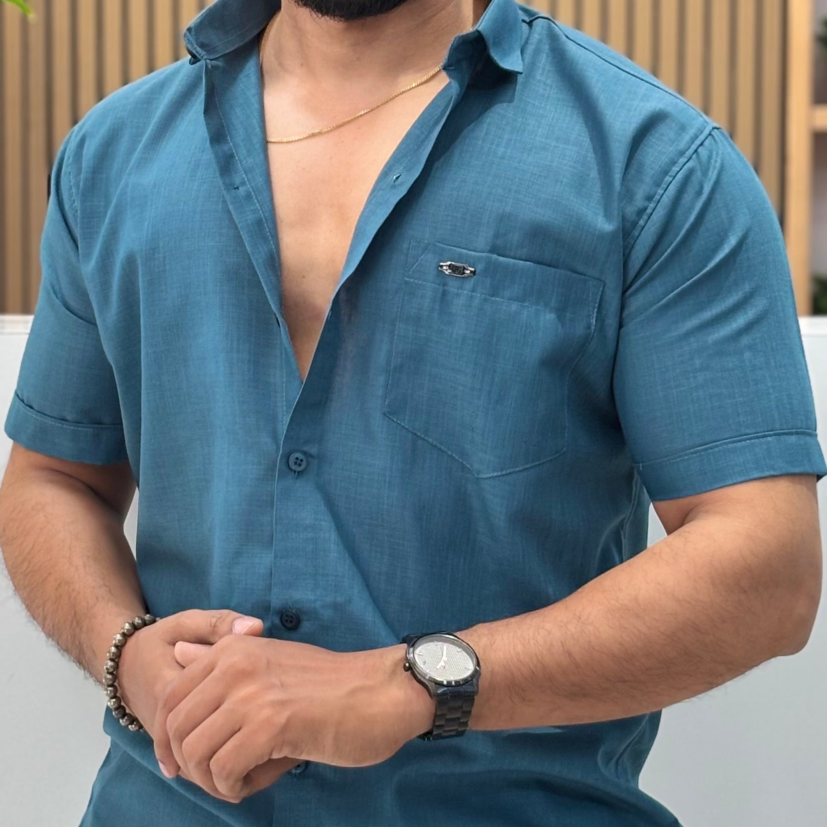 Half Sleeve Linen Blend Shirt Teal Blue