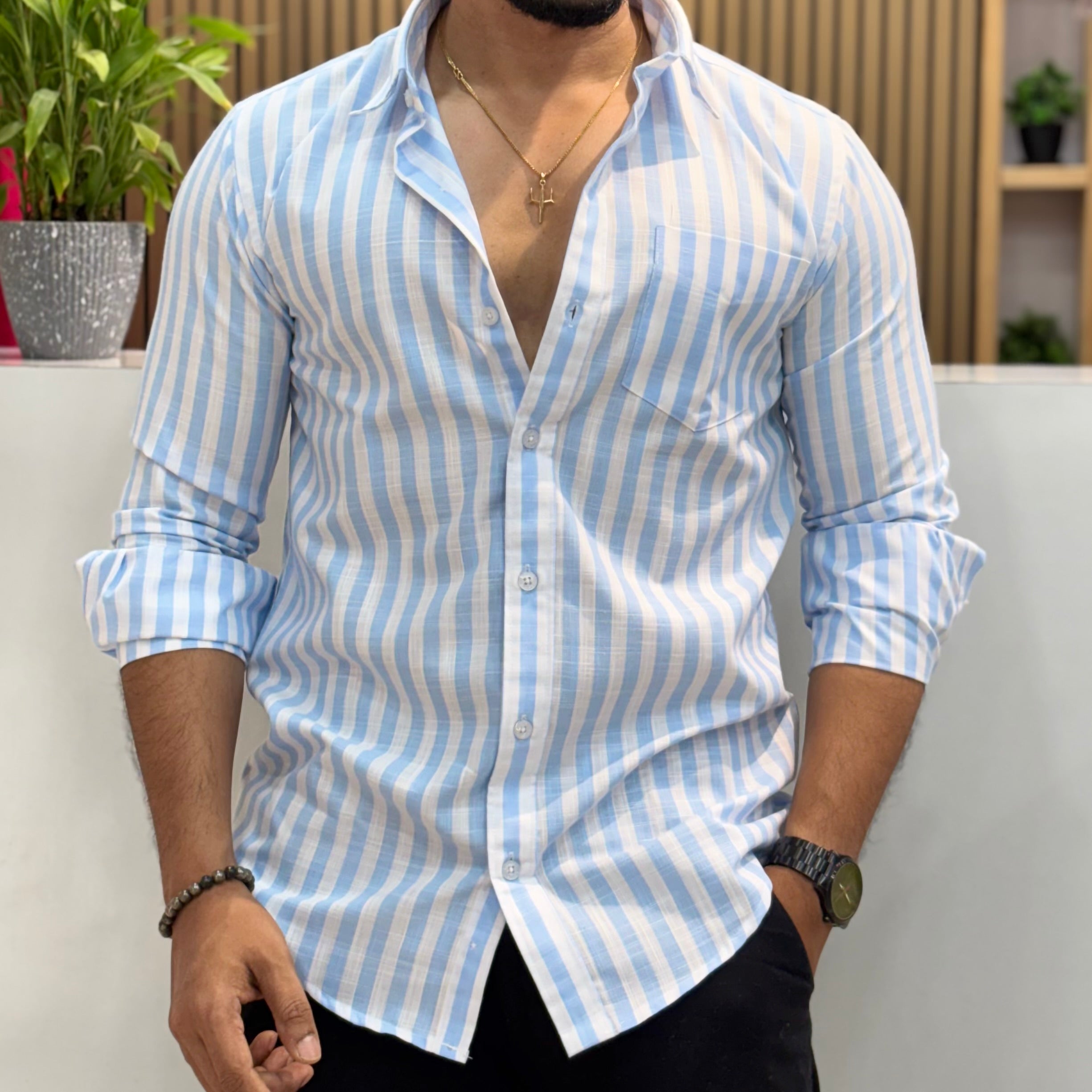 Premium Stripe Cotton Shirt - Powder Blue