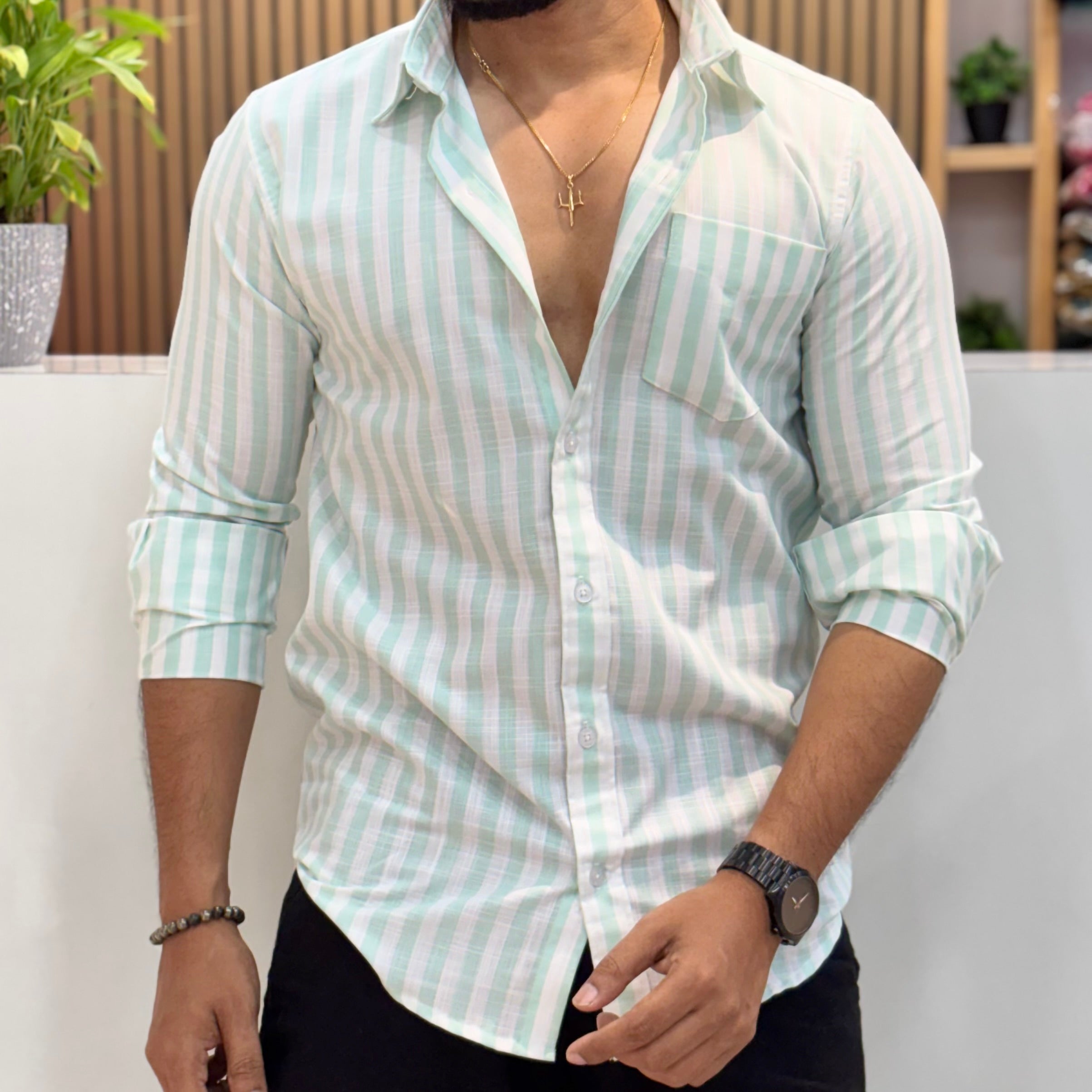 Premium Stripe Cotton Shirt - Mint Green