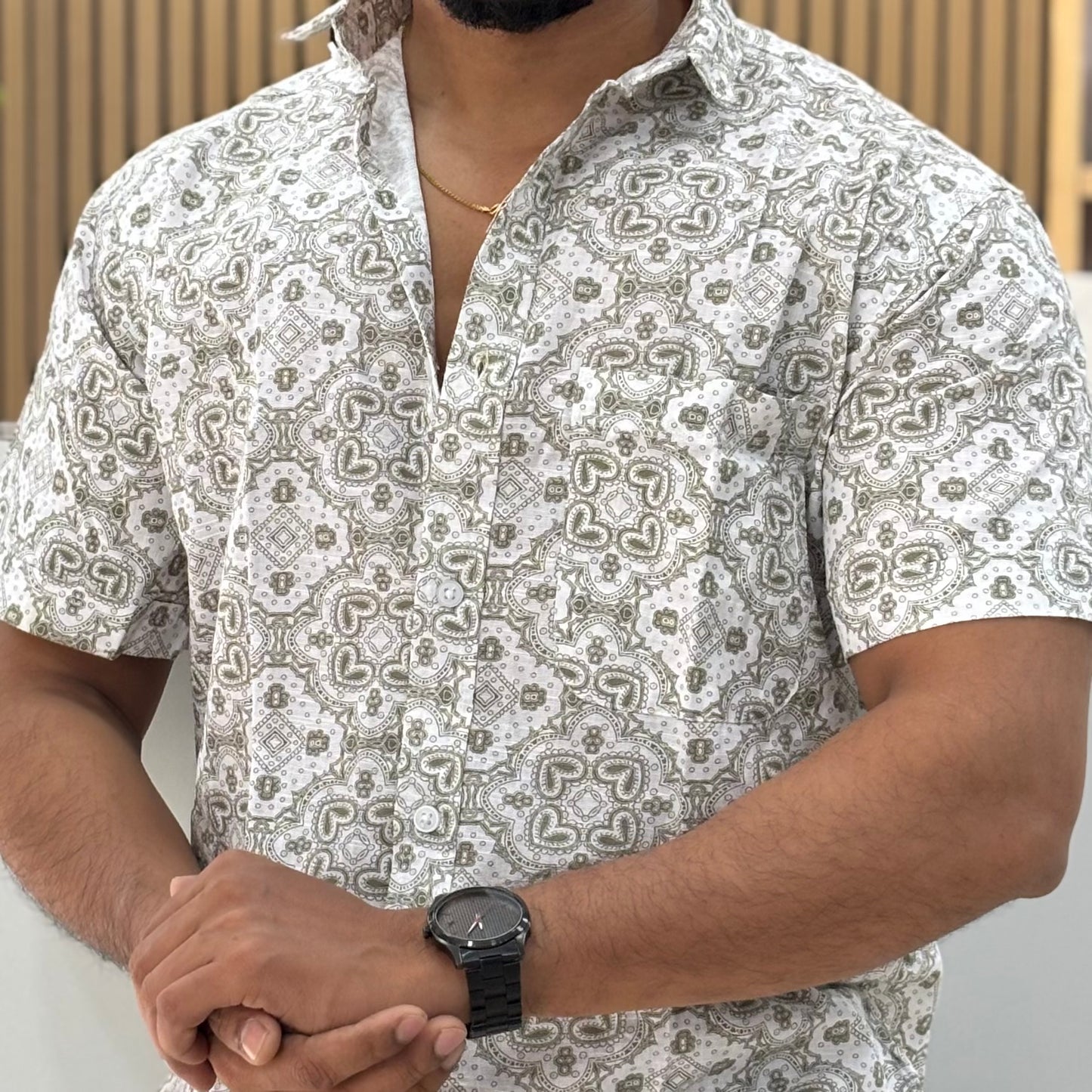 Half Sleeve Cotton Printed Shirt Olive