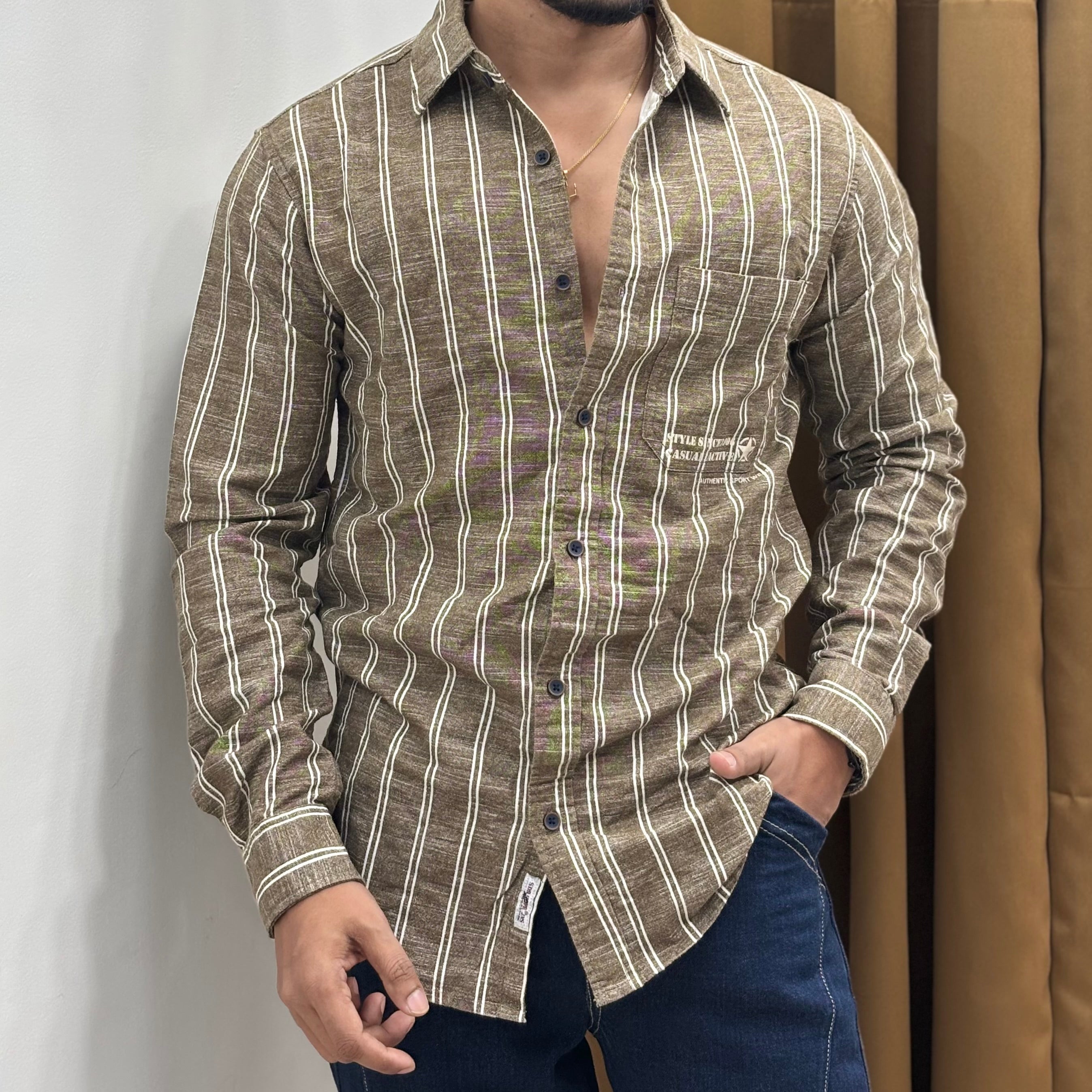 Taupe Brown Vertical Stripe Shirt