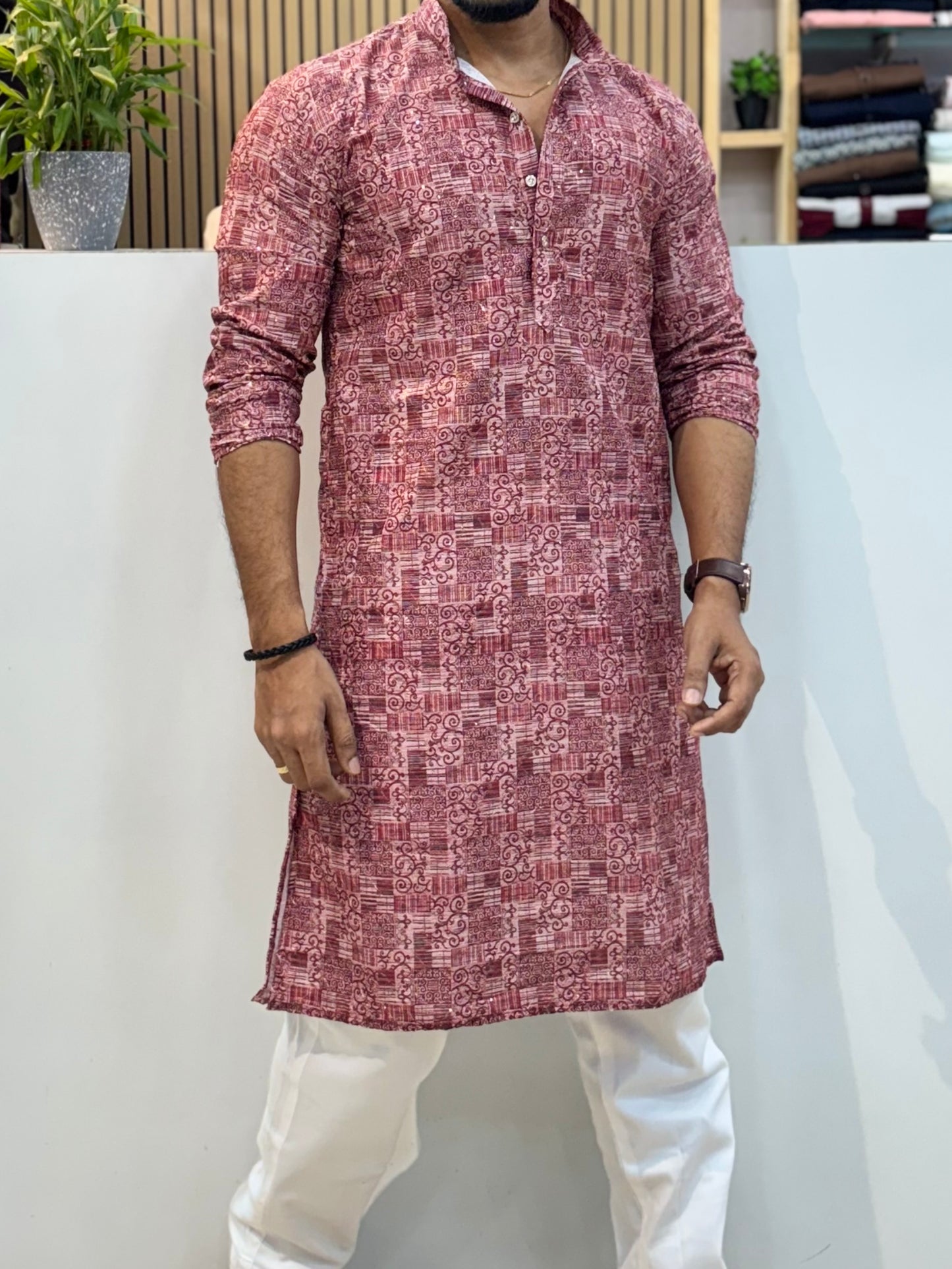 Printed Crochet Kurta Dusty Maroon