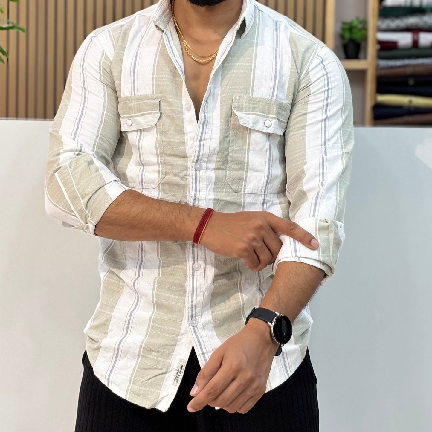 Sage Self Texture Stripe Shirt