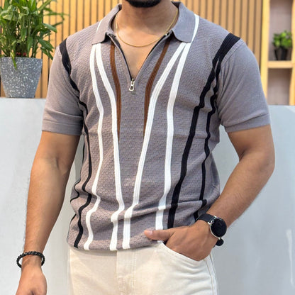 Polo Knit Cotton Blend Striped T-shirt Grey